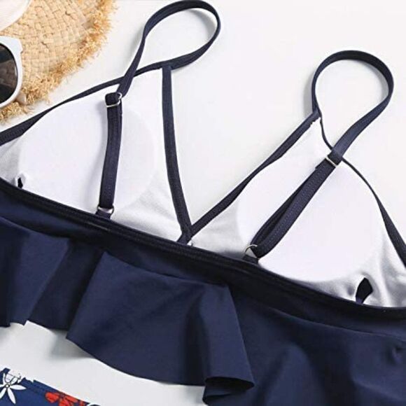 NWT: High Waist Navy & Floral Ruffle Two Piece Bikini - Picture 10 of 11